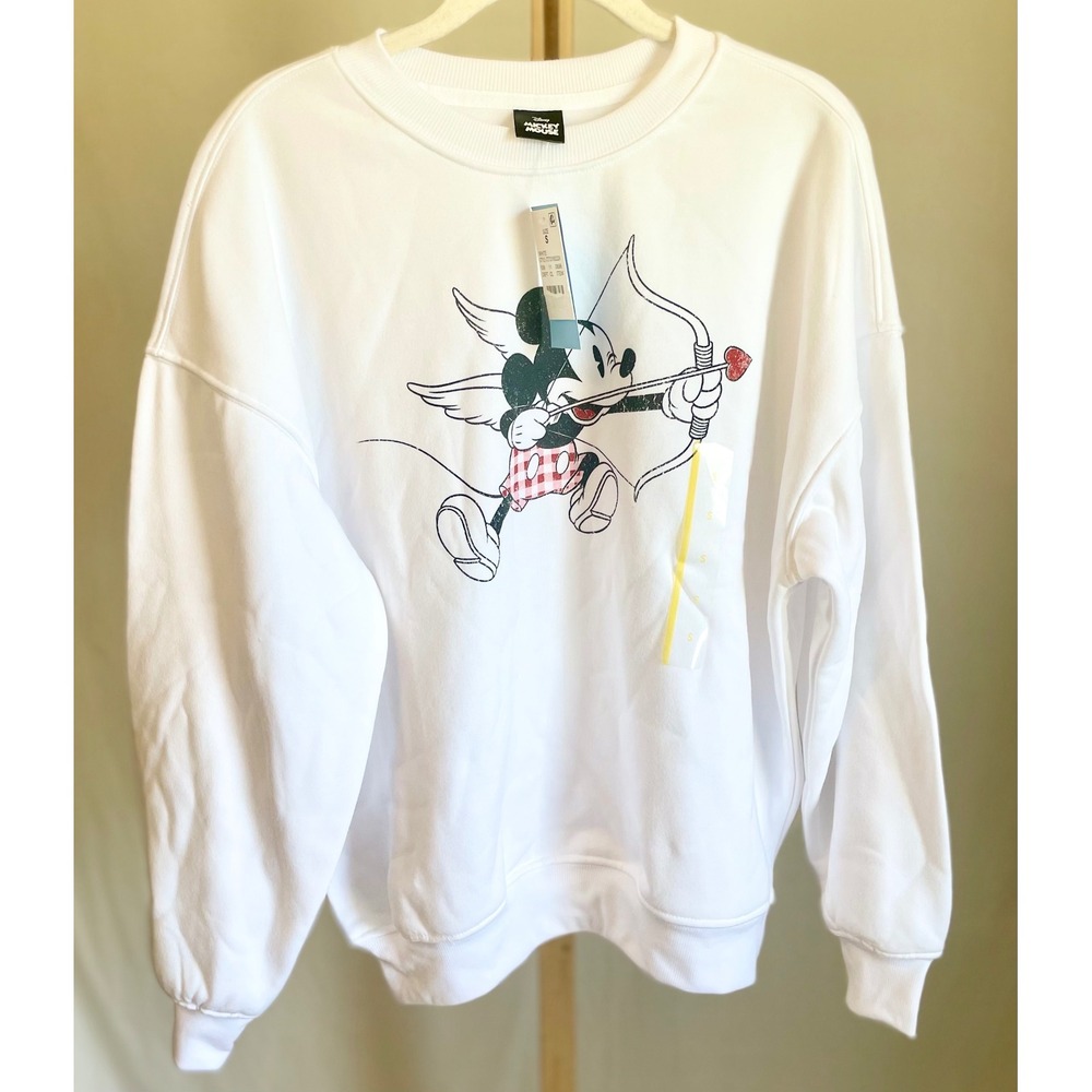 Disney Mickey Mouse‎ Cupid Valentine White Graphic Sweatshirt Pullover Small NEW